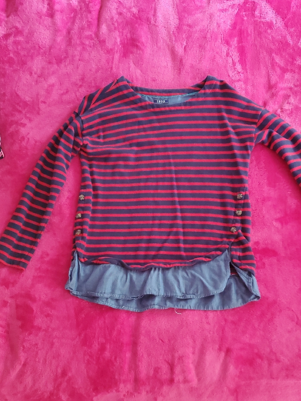 Izod Red and Navy Striped Long-Sleeve Top with Button Side Detail